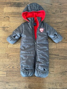 Baby Snowsuit Puffer 3 - 6 months Gray with Red Fleece Lining